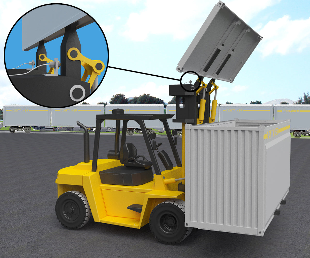 Rugged inductive sensor detects position of forklift forks when opening container lid