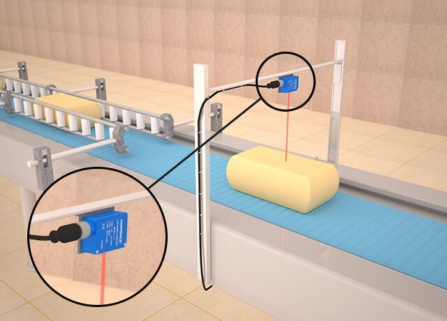 Miniature Ecolab-certified photoelectric sensor detects presence of cheese portions in high-volume food processing